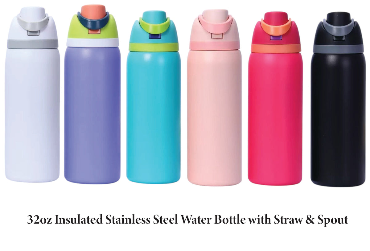32oz Insulated Stainless Steel Water Bottle with Straw & Spout – Push ...