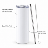 20oz Flat Bottom NON-Sublimation Skinny Stainless Steel Tumblers – Gloss White – 24 Pack