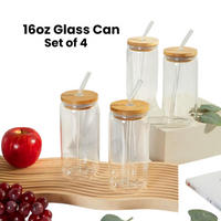 Sublimation 16oz Blank Bamboo Lid Glass Can Set of 4 with Glass Straws