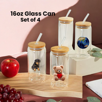 Sublimation 16oz Blank Bamboo Lid Glass Can Set of 4 with Glass Straws