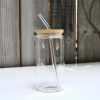 Sublimation 16oz Blank Bamboo Lid Glass Can Set of 4 with Glass Straws