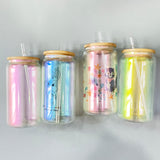 Sublimation Blank 16oz Iridescent Shimmer Glass Can Clear with Straw